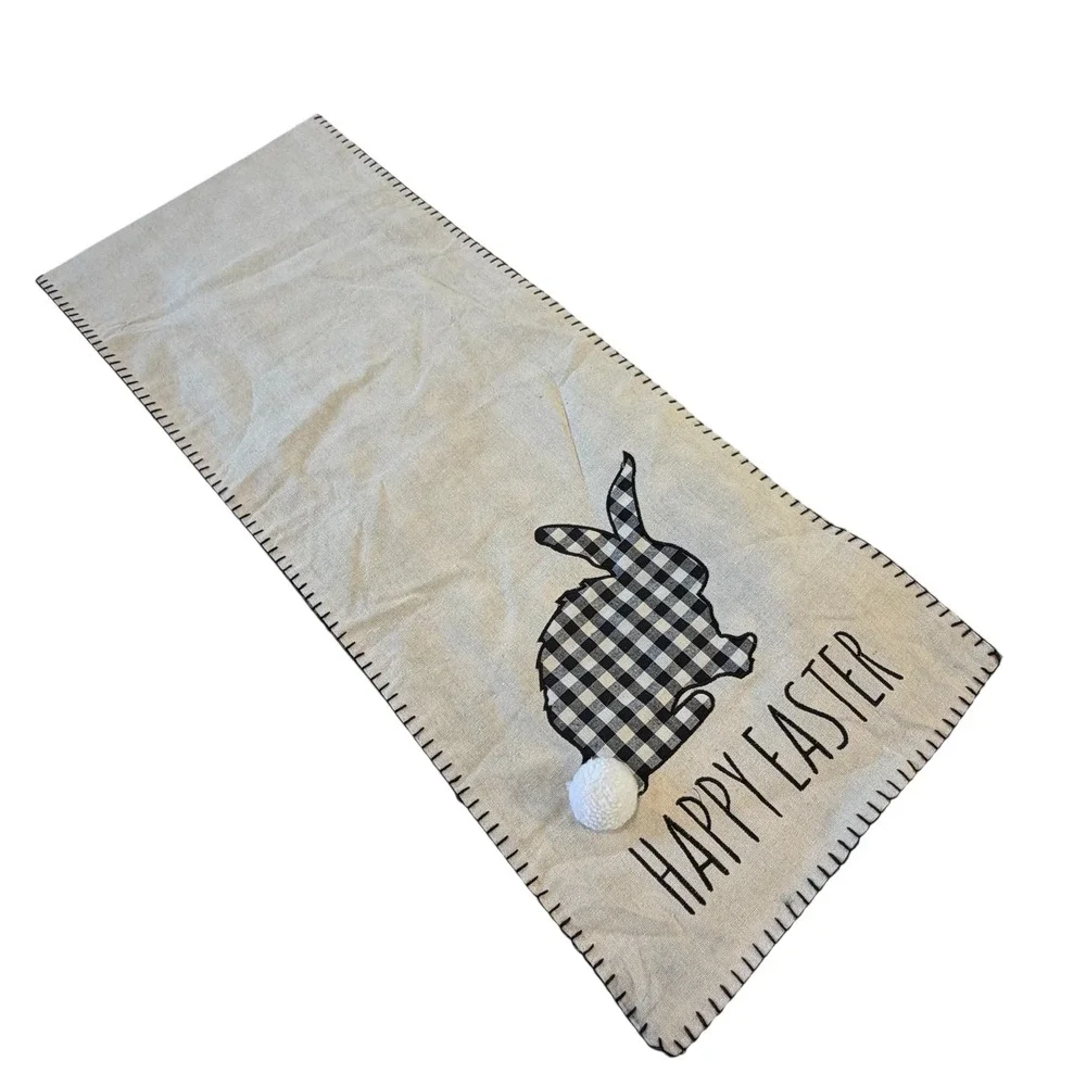 MStyle Easter Bunny Table Runner Buffalo Check Farmhouse Black White Linen Blend